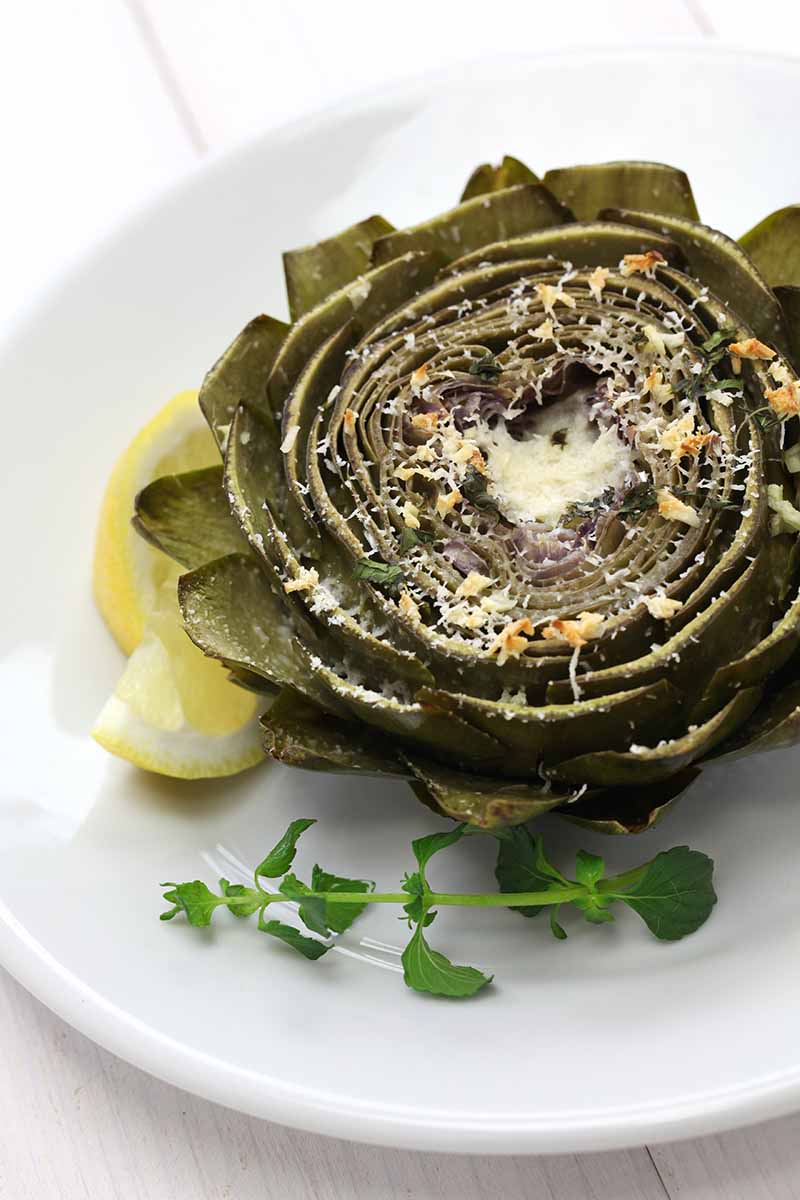 A close up of a globe artichoke prepared with cheese, herbs, and lemon wedges on the side.