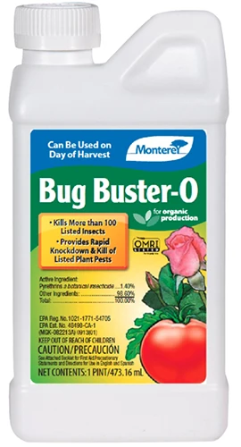 A close up of a bottle of Monterey Bug Buster-O isolated on a white background.