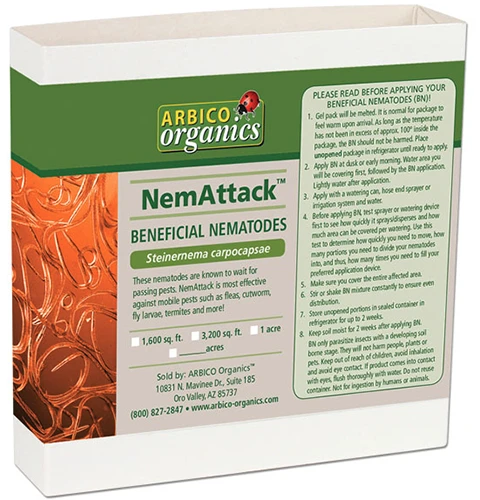 A close up of the packaging of NemAttack Beneficial Nematodes isolated on a white background.
