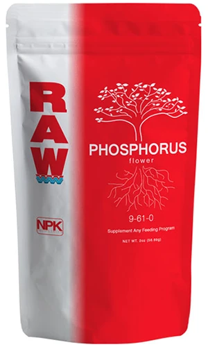 A close up of the packaging of RAW phosphorus plant food isolated on a white background.
