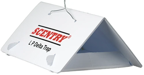 A close up of a scentry delta trap isolated on a white background.