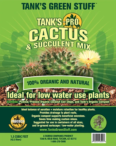 A close up of the packaging of Tank's Pro Cactus and Succulent Potting Mix.