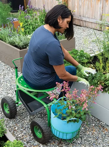 A close up of a gardener sitting on a Tractor Scoot with Bucket Basket tending a raised bed garden.