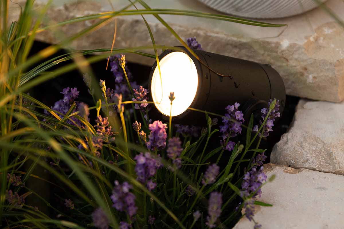 A close up horizontal image of a small light set in a garden bed by a stone patio.