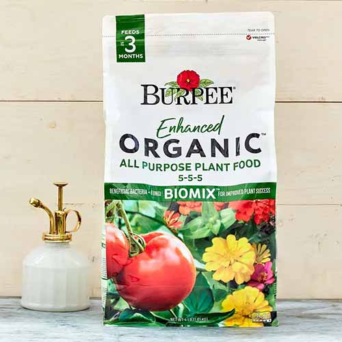 A close up of the packaging of Burpee Enhanced Organic All Purpose Plant Food.