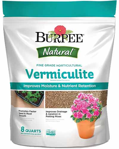 A close up of a bag of Burpee Vermiculite isolated on a white background.