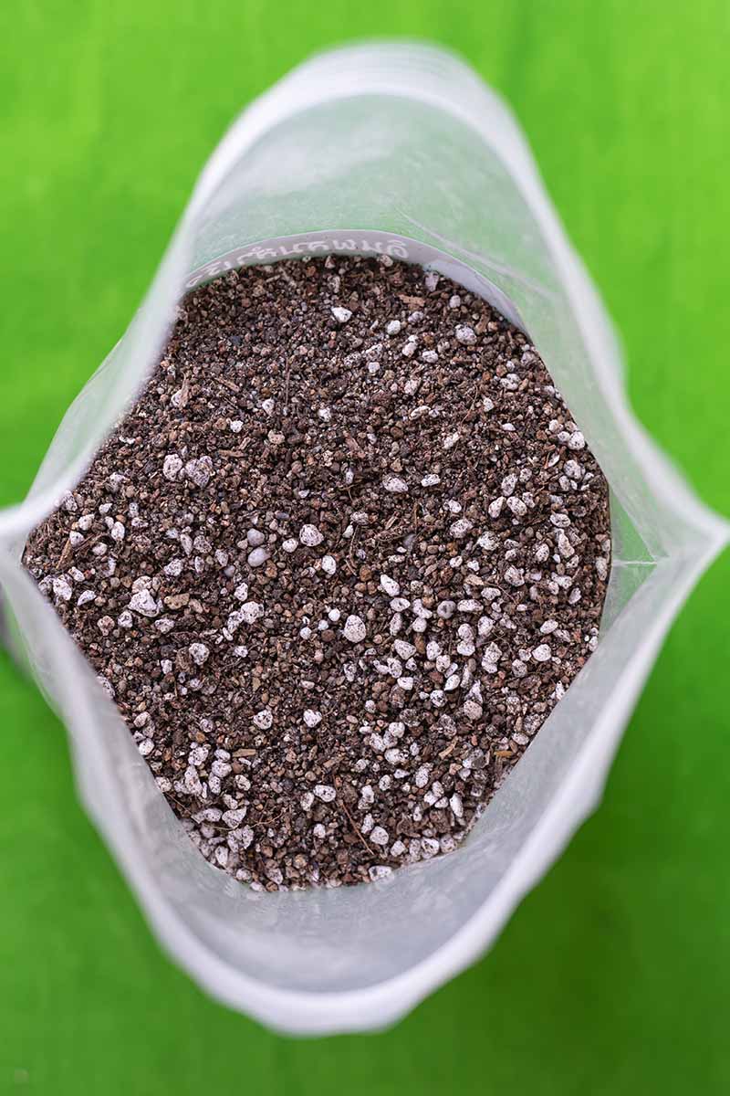 A close up vertical image of an open bag of potting soil pictured on a green background.