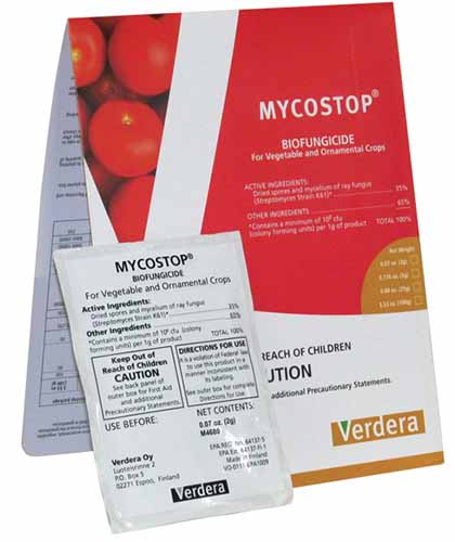 A close up of the packaging of Mycostop Biofungicide isolated on a white background.