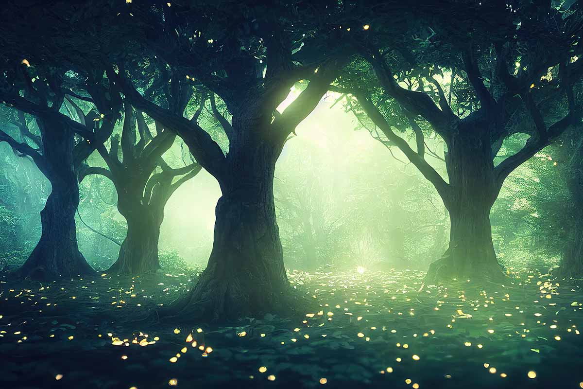 A horizontal image of a spooky forest with magical fairy trees in fog.