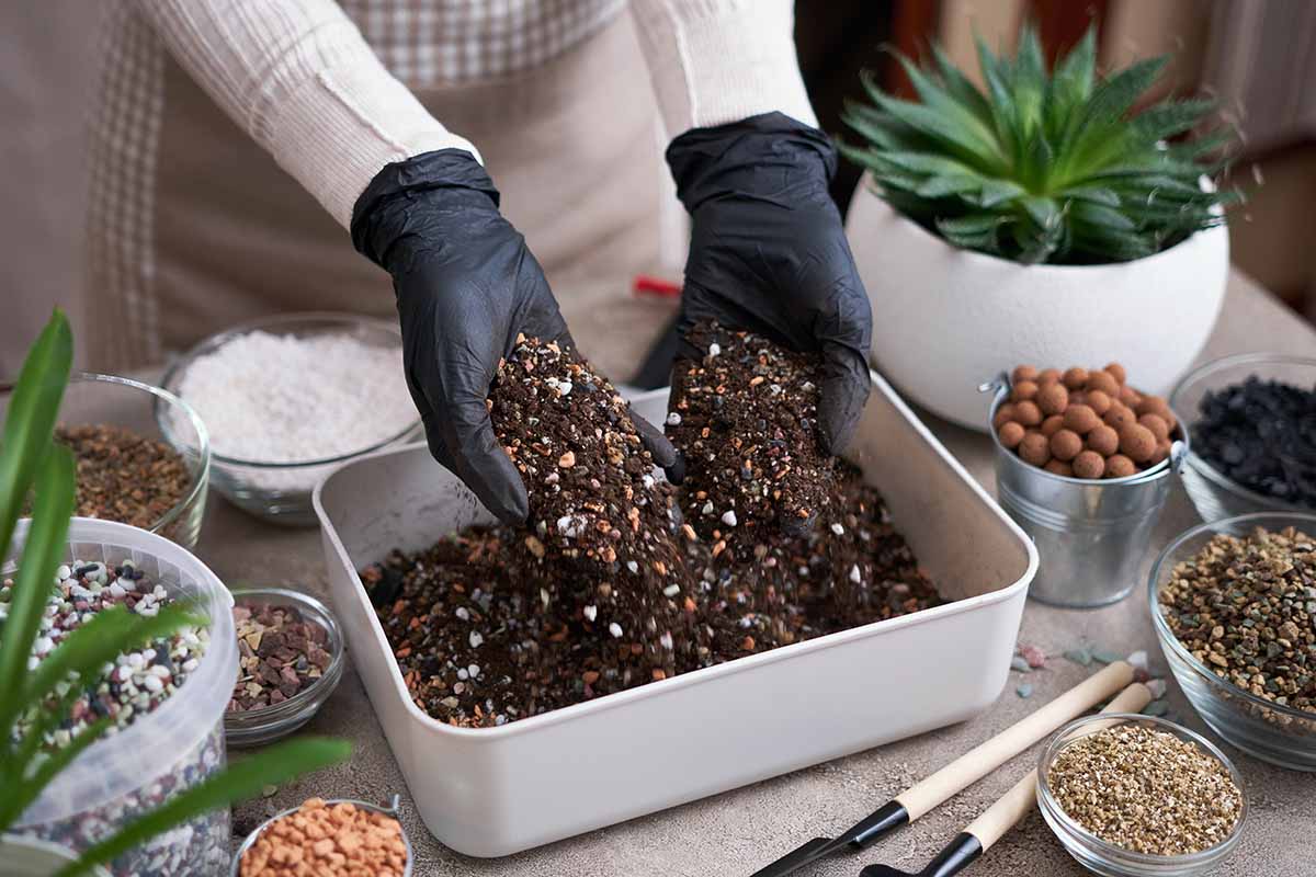 A horizontal image of a gardener's gloved hands preparing potting mix for houseplants.