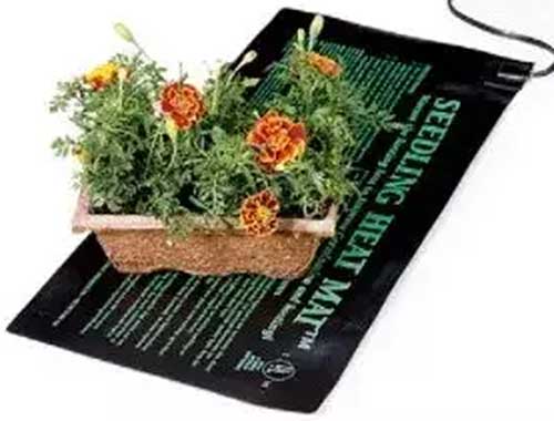 A horizontal image of a seedling heat mat with a container of flowers sitting atop it.