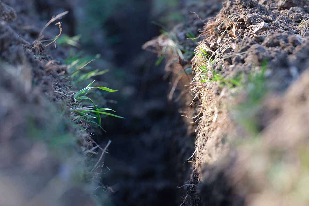 A close up horizontal image of a trench dug in the garden for outdoor light installation.
