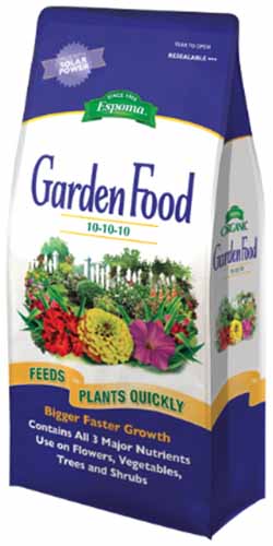 A vertical image of Espoma's 10-10-10 Garden Food fertilizer against a white background.