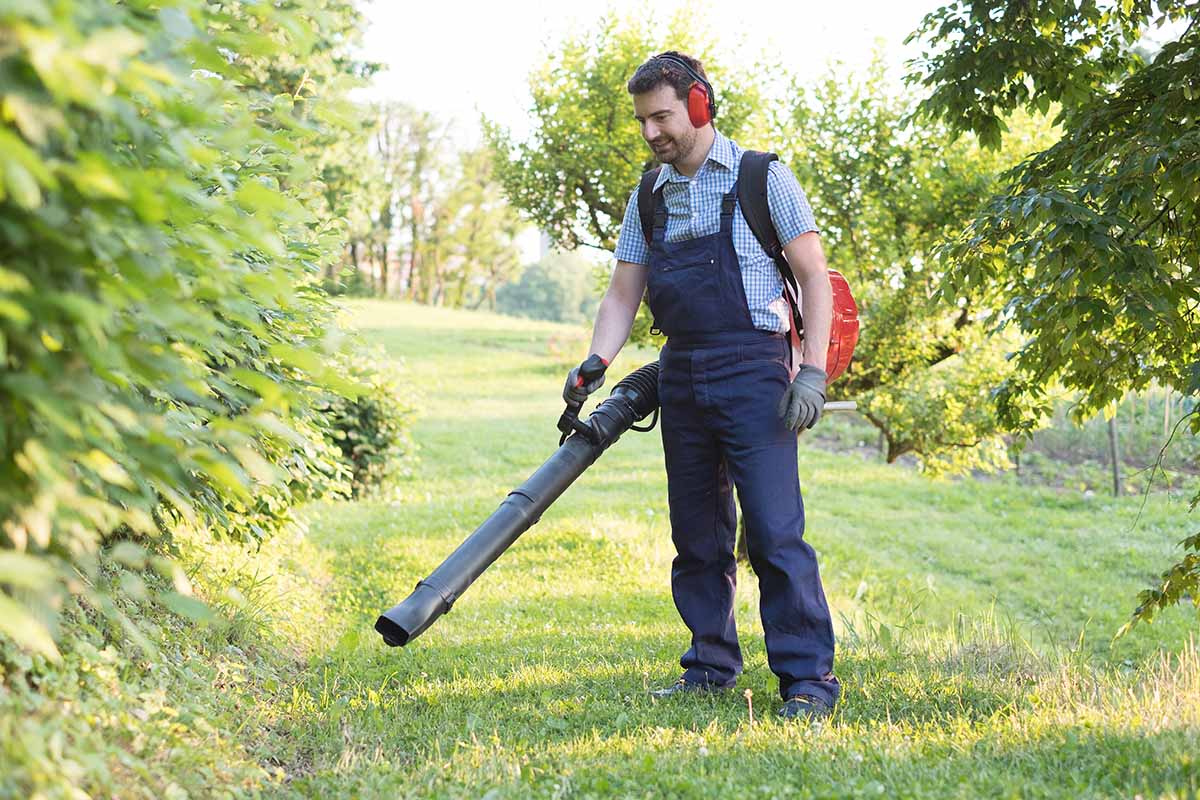 A close up horizontal image of a man using a backpack unit to clean up debris in the garden.