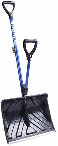 A close up vertical image of the Snow Joe Shovelution Strain-Reducing shovel isolated on a white background.