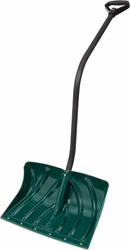 A close up vertical image of the Suncast 18-inch Shovel with ergonomic handle isolated on a white background.