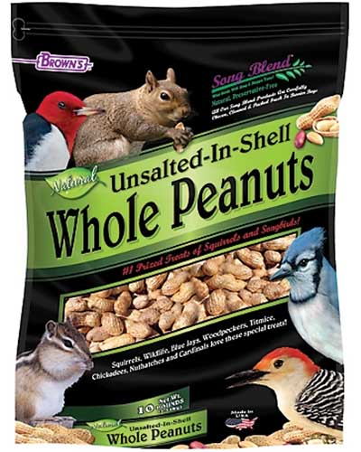 A product shot of a bag of unsalted in shell whole peanuts.