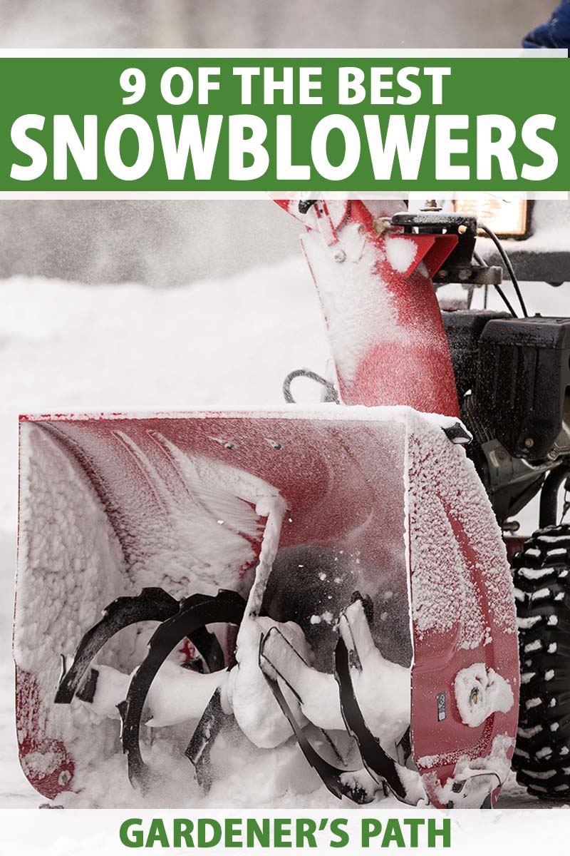 A close up vertical image of the front of a red snow blower making short work of the white stuff. To the top and bottom of the frame is green and white printed text.