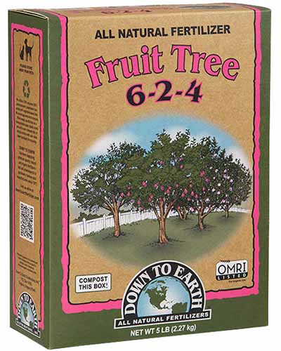 A product shot of a box of Down to Earth fruit tree fertilizer.