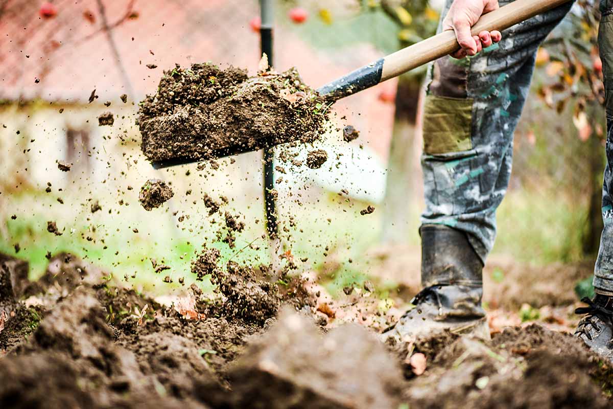 A close up horizontal image of a gardener digging the soil in spring.