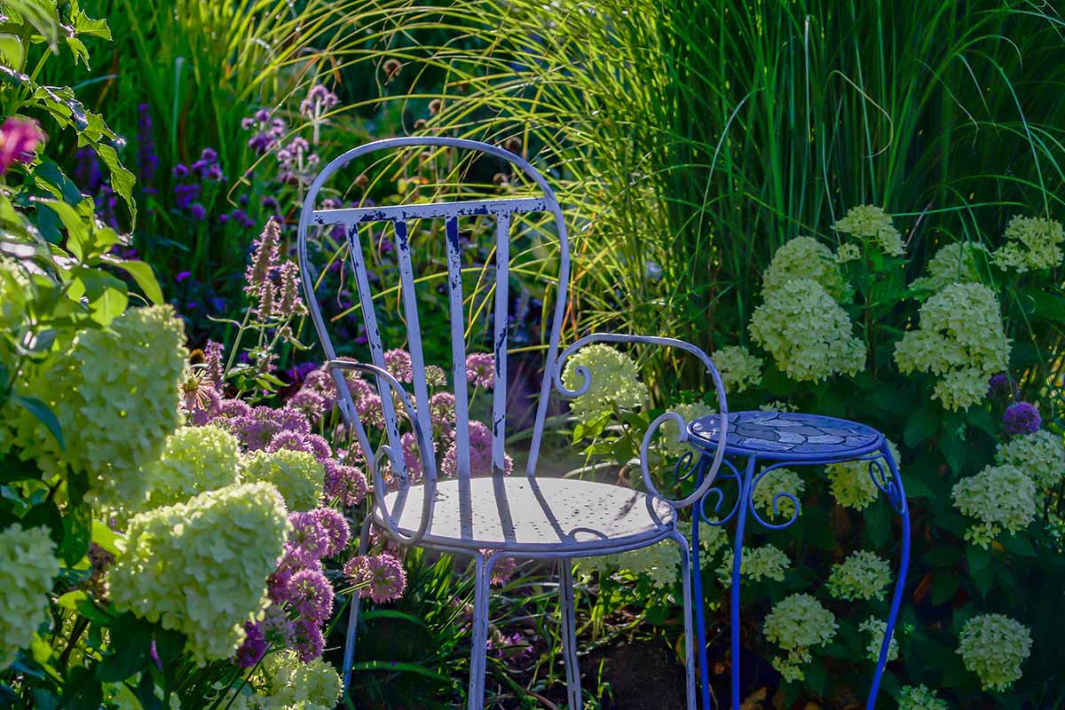 A close up horizontal image of a blue metal seat and side table in the middle of a colorful cottage garden with light filtered sunshine.