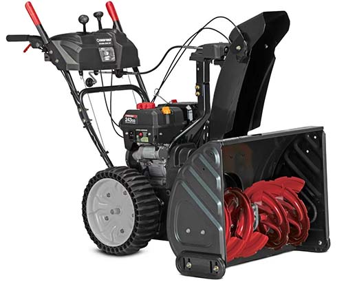 A close up square image of the red and black Troy-Bilt Storm 2665 pictured on a white background.