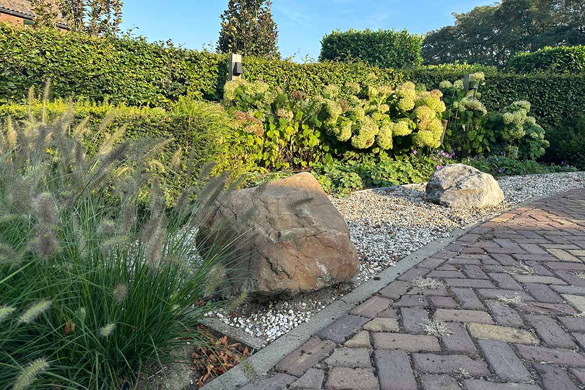 A horizontal image of outdoor landscaping with large boulders sitting in gray gravel, surrounded by plants like ornamental grasses, screening plants, and low-growing perennials.