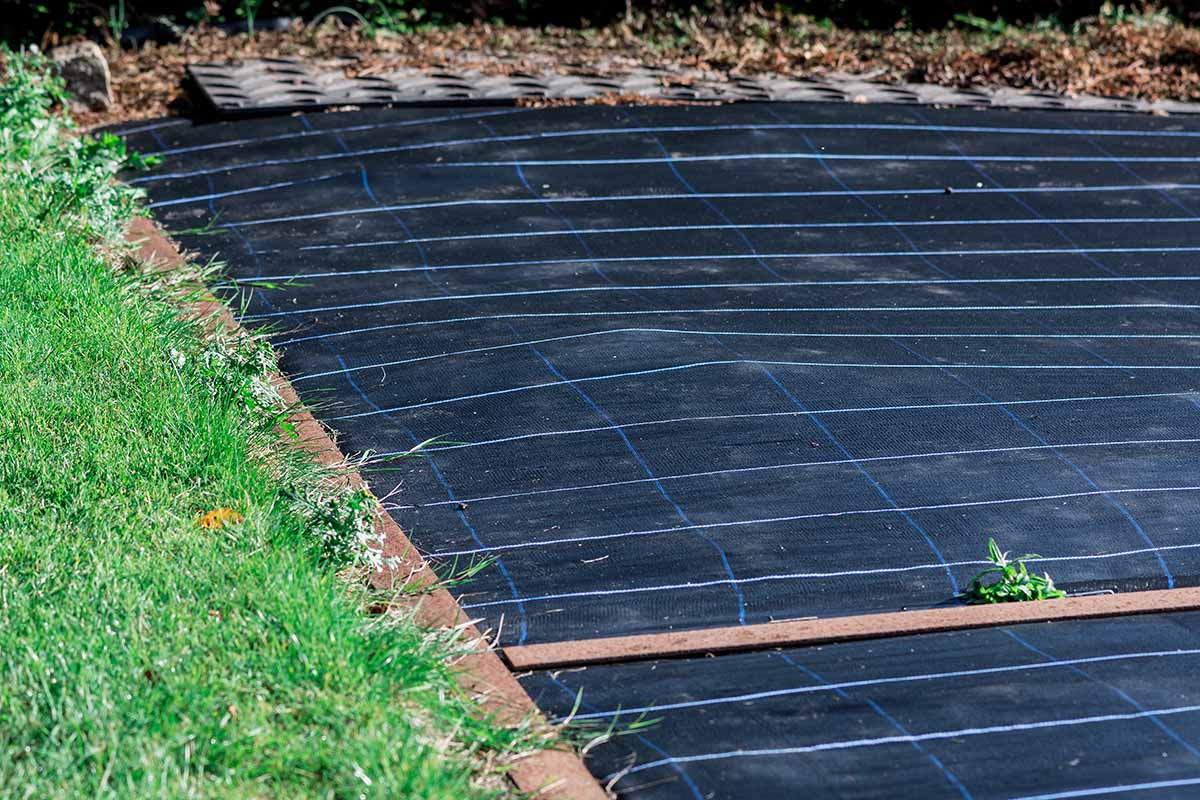 A horizontal photo of a garden field covered with black colored weed control fabric.