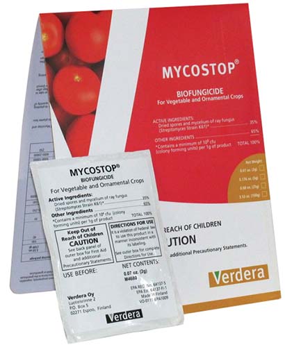 A close up of the packaging of Mycostop Biofungicide isolated on a white background.
