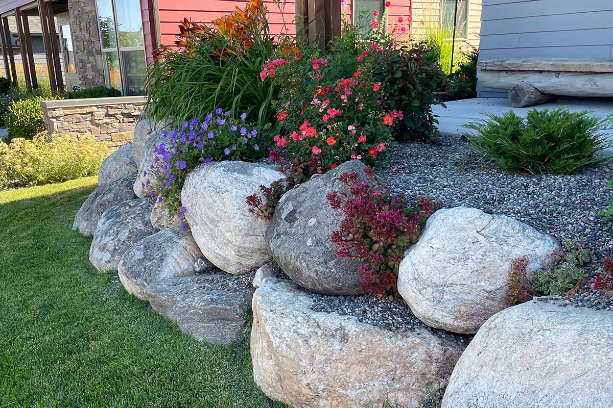 A horizontal image of an outdoor retaining wall made of large stacked stones at a private residence, with plants and gravel stuffed above the wall and in its crevices.