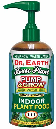A vertical product photo of a container of Dr. Earth' House Plant Pump&Grow fertilizer.