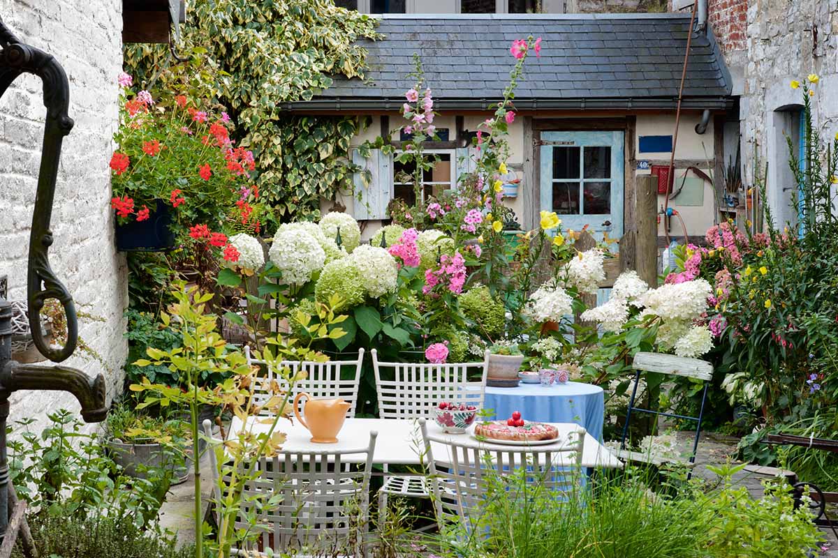A horizontal image of a small patio outside a cottage planted with a variety of flowers and shrubs.