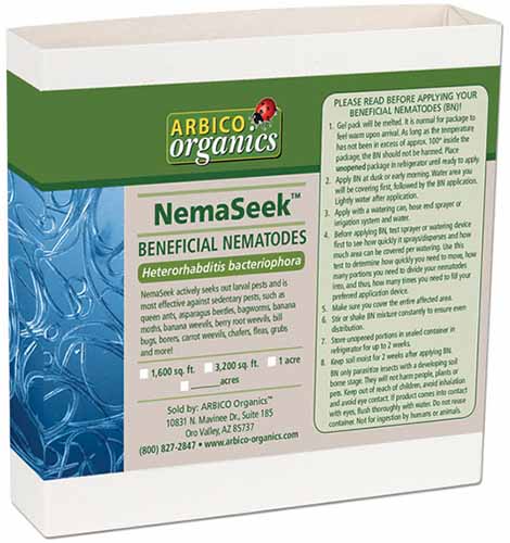 A close up of the packaging of NemaSeek beneficial nematodes isolated o a white background.