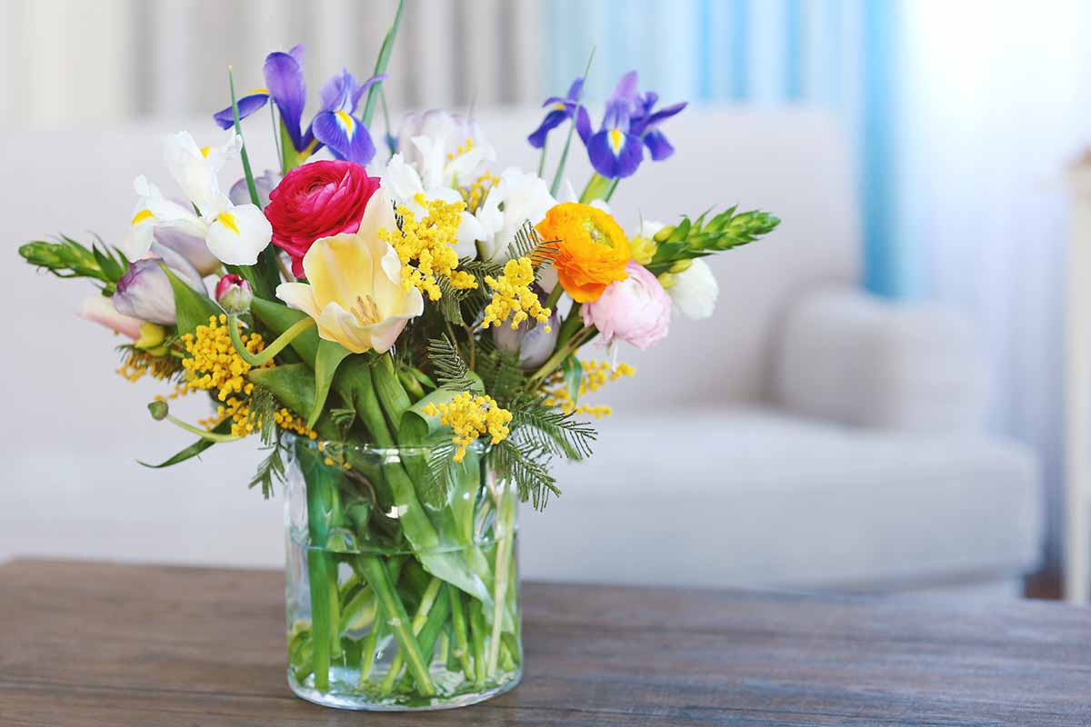 A close up horizontal image of a vase of freshly cut flowers from the garden on a wooden surface indoors.
