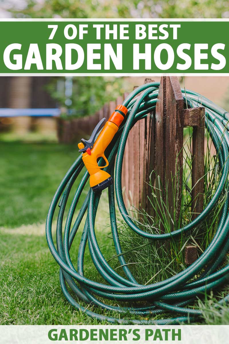 A close up vertical image of a garden hose coiled around a wooden fence in the garden. To the top and bottom of the frame is green and white printed text.