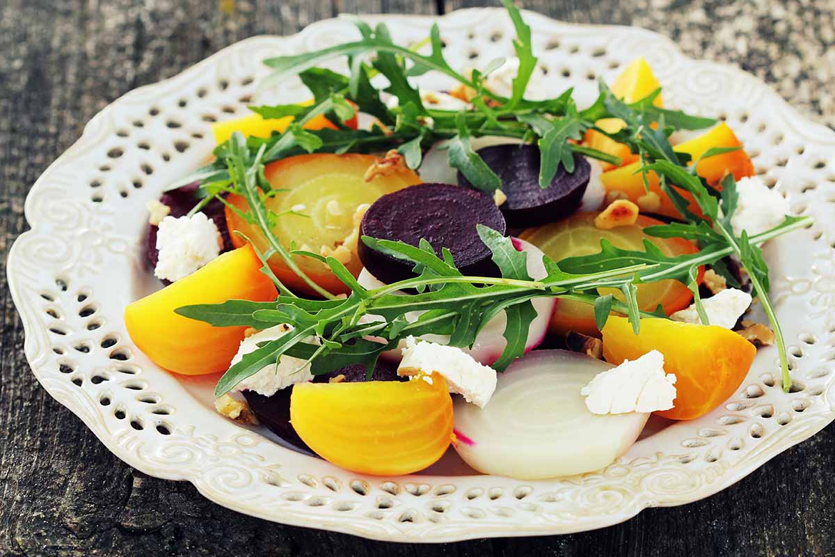 A horizontal image of a plate of colorful beetroot slices with arugula and feta cheese.