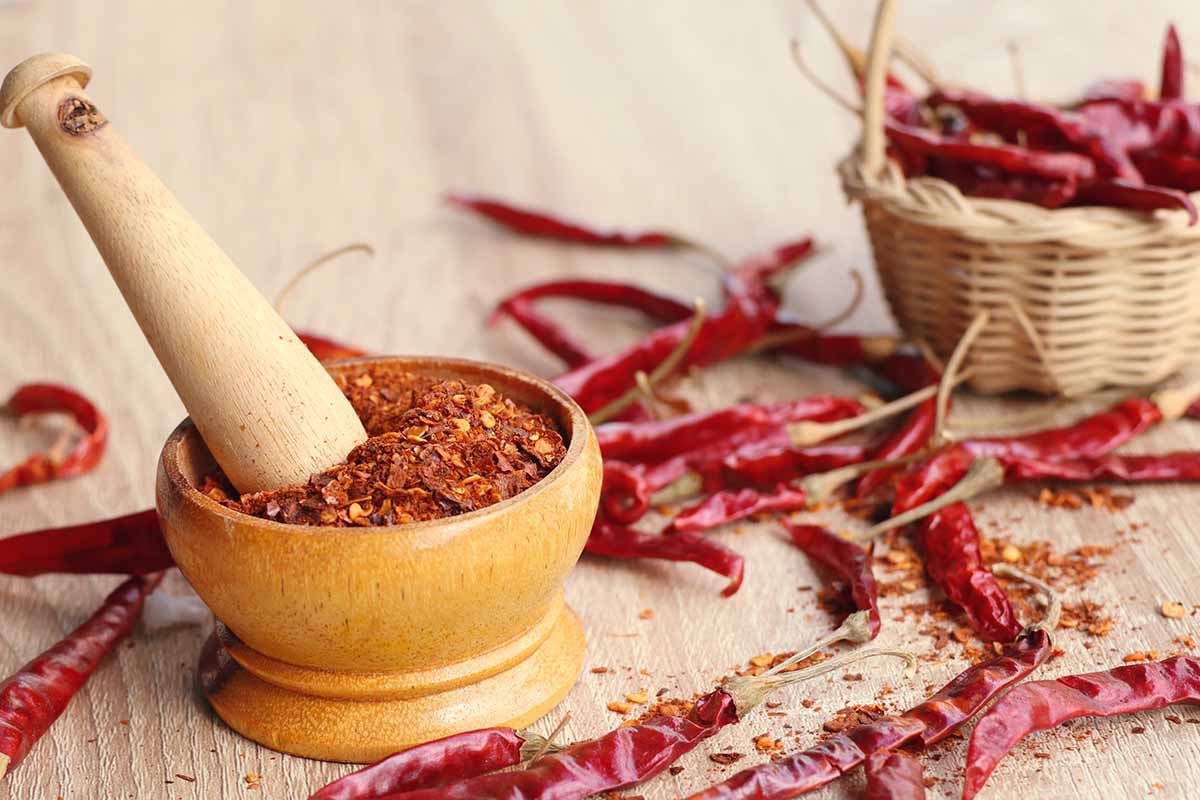 A horizontal photo of dried cayenne peppers and a mortar and pestle that have crushed some of the pods.