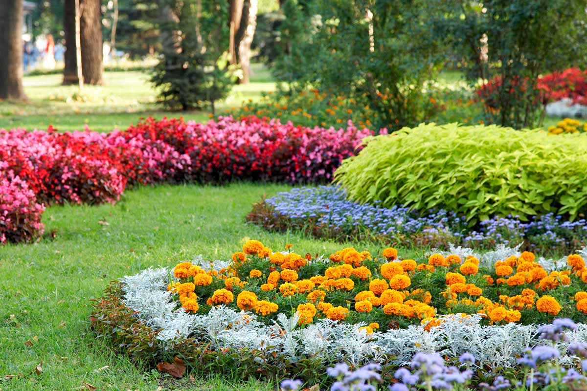 A horizontal image of a formal garden with colorful flower beds featuring a range of different species.