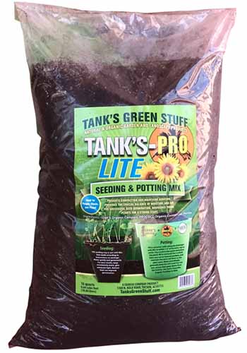 A close up of a bag of Tank's Pro Lite Potting Mix isolated on a white background.