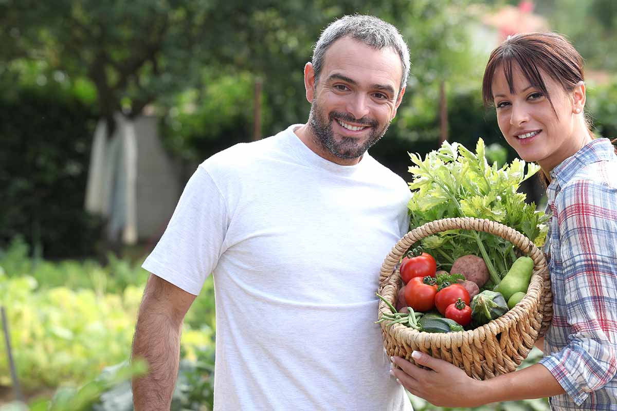A man standing next to a woman holding a basket of freshly harvested vegetables on a sunny day, with a garden scene in soft focus in the background.