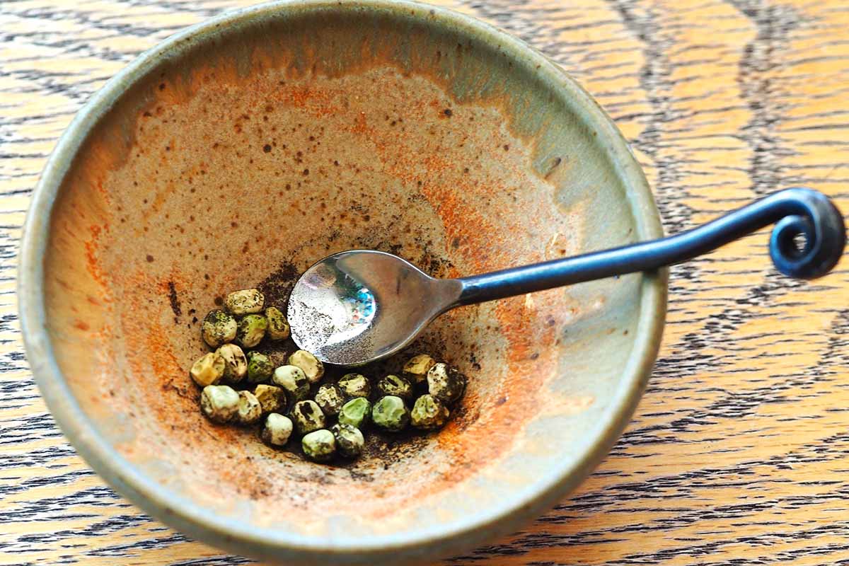 A close up horizontal image of a bowl with seeds mixed with inoculant.