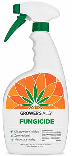 A close up of a bottle of Grower's Ally Fungicide isolated on a white background.