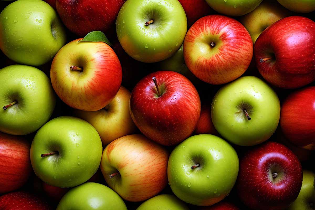 A close up horizontal image of a pile of different colored apples.