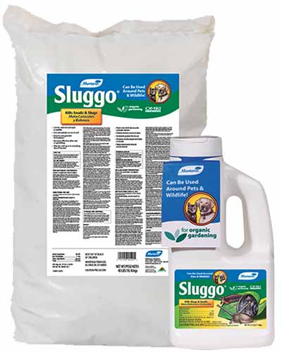 A close up of a bag and a bottle of Sluggo slug bait isolated on a white background.