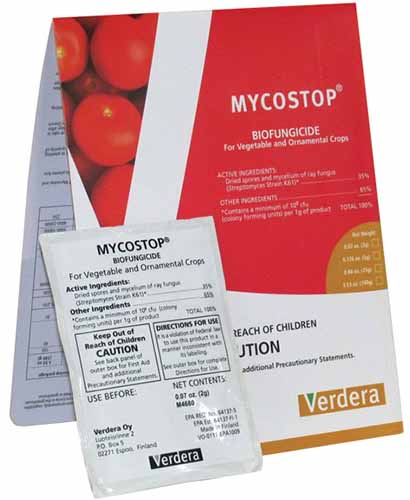 A square product photo of a card of Mycostop biofungicide against white background.