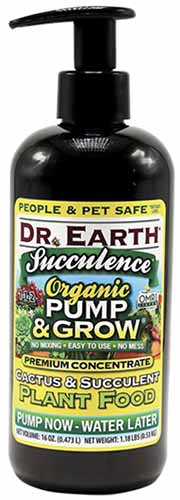 A close up of a bottle of Dr Earth Succulence isolated on a white background.