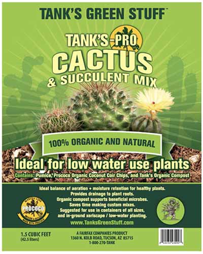 A close up of a bag of Tank's Pro Cactus and Succulent Mix isolated on a white background.