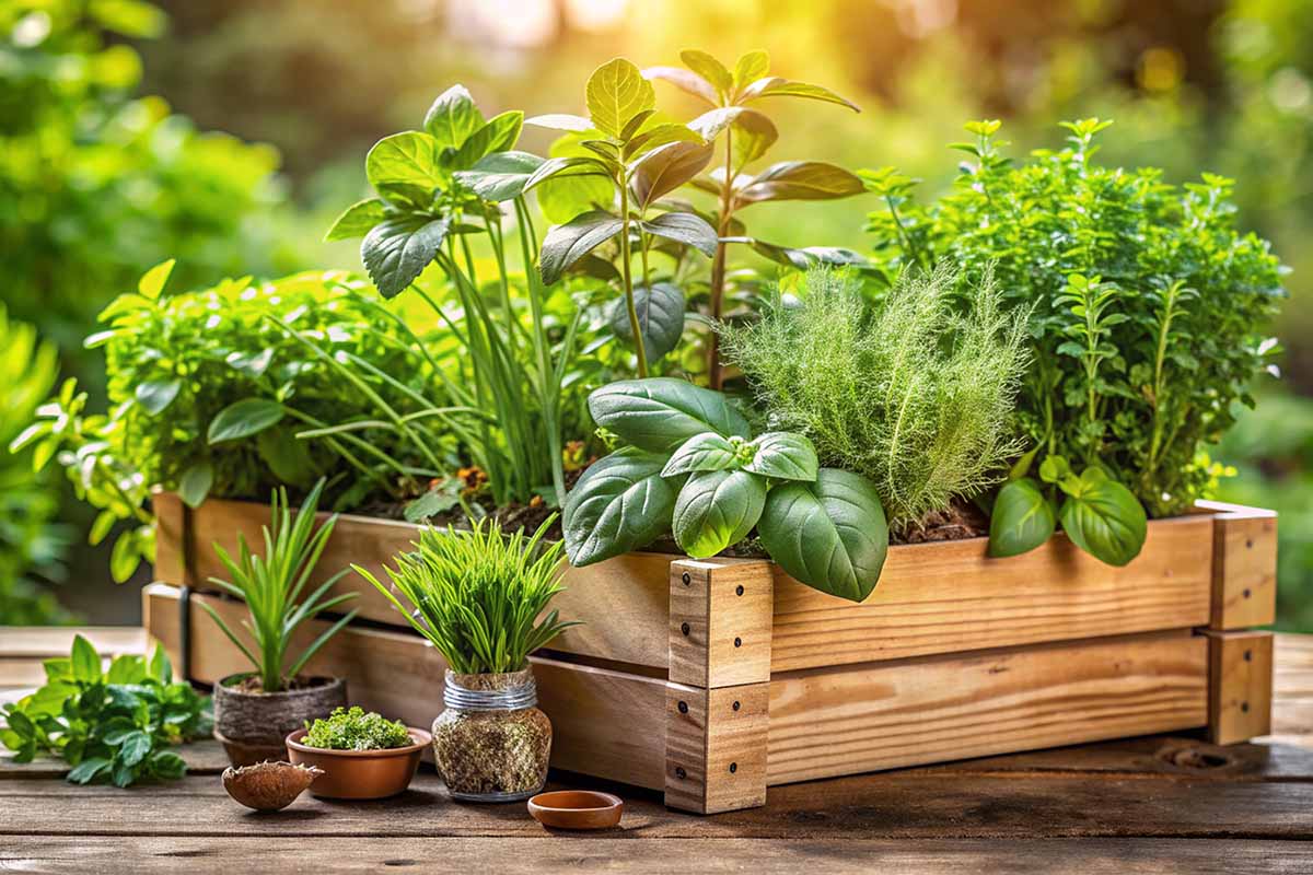 A close up horizontal image of a wooden box filled with herbs pictured on a soft focus background.