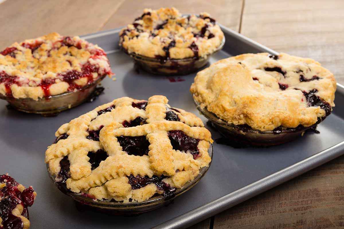 A close up horizontal image of freshly-baked fruit pies on a baking tray.