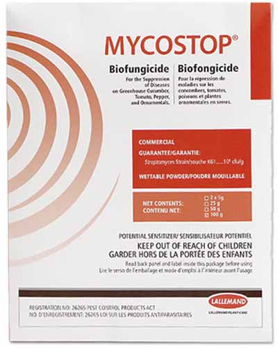 A close up of the packaging of Mycostop Biofungicide isolated on a white background.